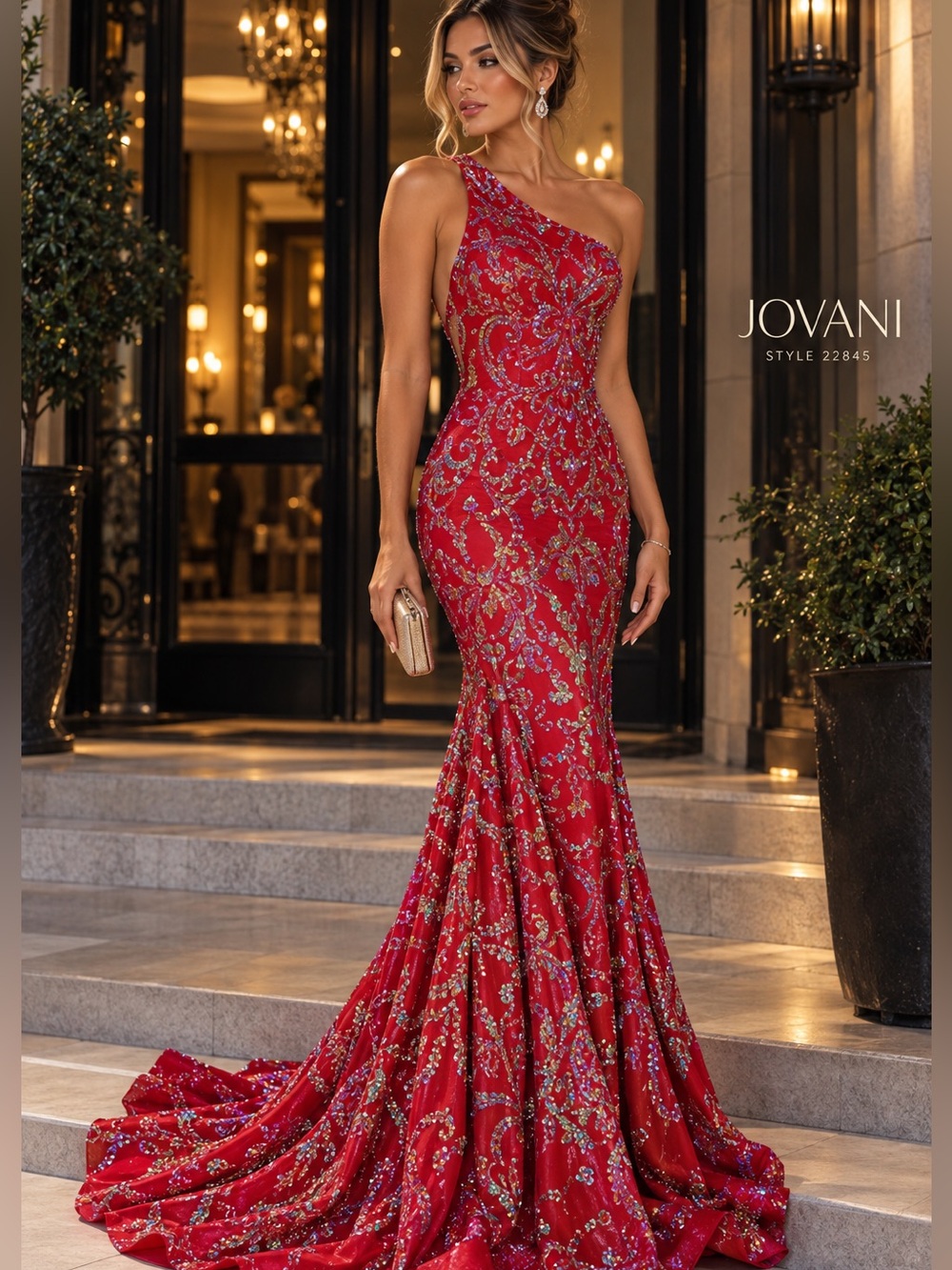 Jovani Red One-Shoulder Embellished Mermaid Gown